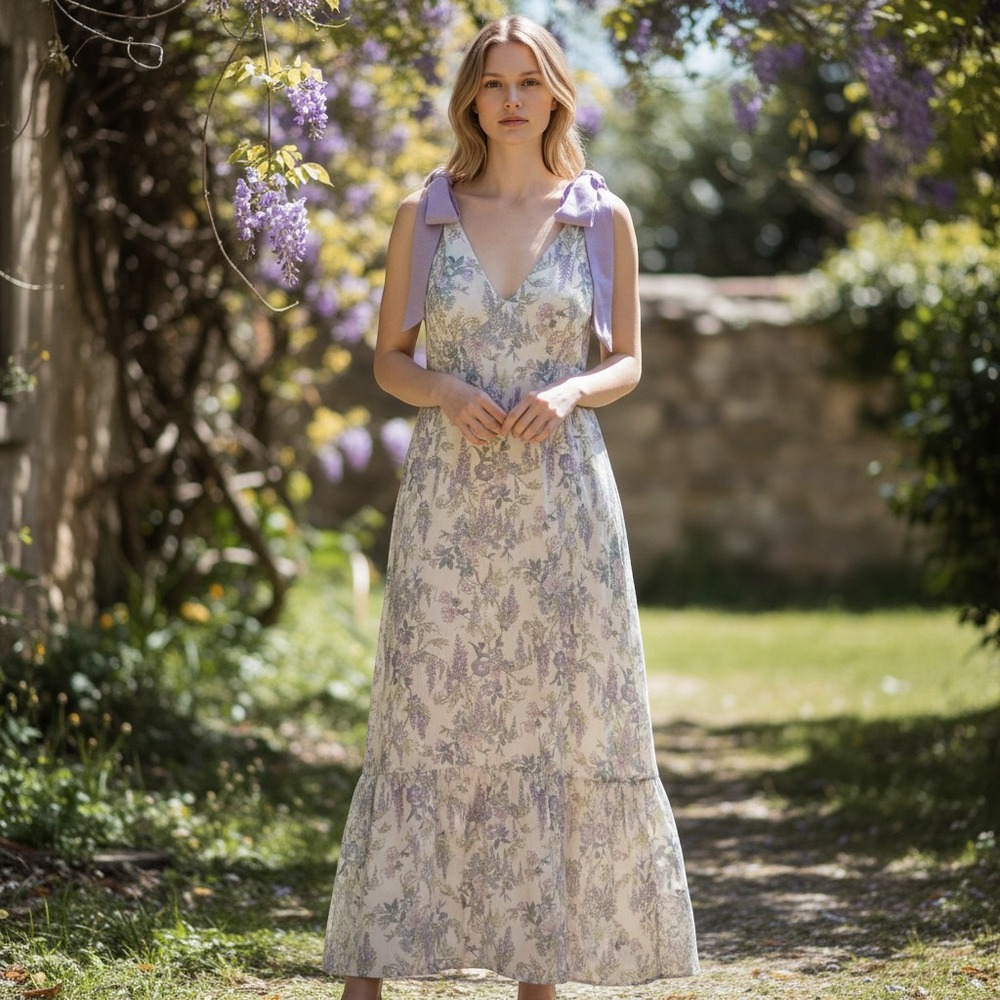 Bridgerton Shondaland Netflix Floral Maxi Dress Purple Tie Shoulder XL NEW